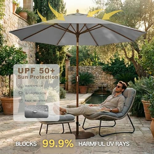 Kingdura 9FT Outdoor Patio Umbrella, Market Table Umbrella with Push Button Tilt and Crank, 8 Sturdy Fiberglass Ribs, UV Protection for Pool, Lawn, Deck, Backyard, Garden (Light grey)