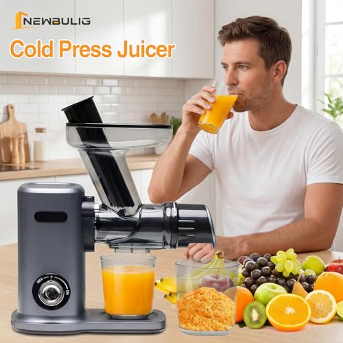 NEWBULIG Cold Press Juicer, Slow Masticating Juicer with 5.9" Large Feed Chute for Whole Vegetables & Fruits, Reverse Function & Dishwasher Safe Parts, High Juice Yield, Silver