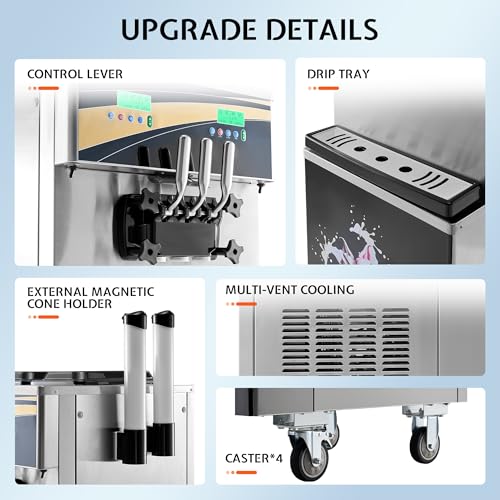 Jocisland 45L/H Commercial Soft Ice Cream Machine, 2900W 3-Flavor Ice Cream Maker, Dual Compressors, 10L*2 Stainless Steel Cylinder, Auto Clean & Pre-Cooling for Restaurants & Bars