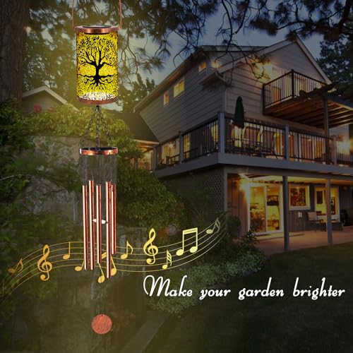 36" Solar Wind Chimes Hanging Lights Outdoor Detachable Led Lantern Metal Wind Chimes for Outside Unique Tree Life Garden Hanging Solar Decorative as Gift for Mom Women Grandma (Bronze)