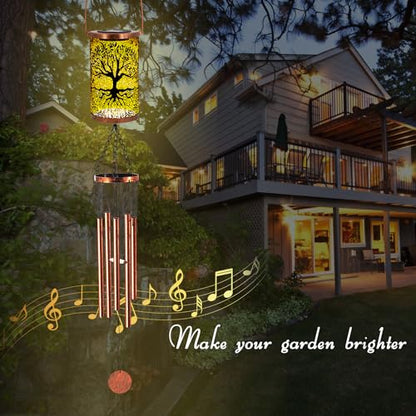 36" Solar Wind Chimes Hanging Lights Outdoor Detachable Led Lantern Metal Wind Chimes for Outside Unique Tree Life Garden Hanging Solar Decorative as Gift for Mom Women Grandma (Bronze)
