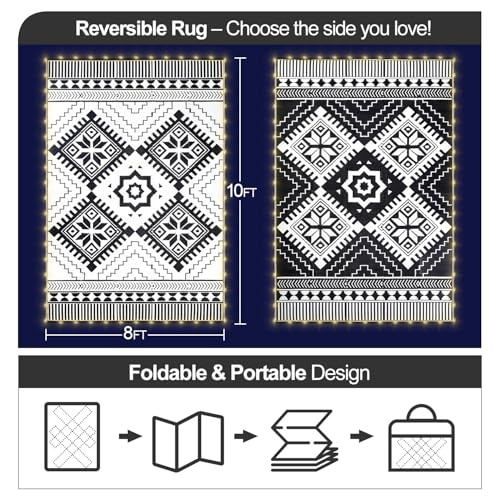 DiiKoo Waterproof Outdoor Rug Mat for Patio, Waterproof Plastic Straw Rugs for Patio RV Camping Picnic Balcony, Boho3 LED3 (Black&White)/8x10ft with LED Lights