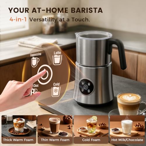 Milk Frother and Steamer, 4-in-1 Automatic Hot and Cold Foam Maker with 900ml Detachable Stainless Steel Jug, Electric Frother for Latte, Cappuccino, Macchiato, Hot Chocolate