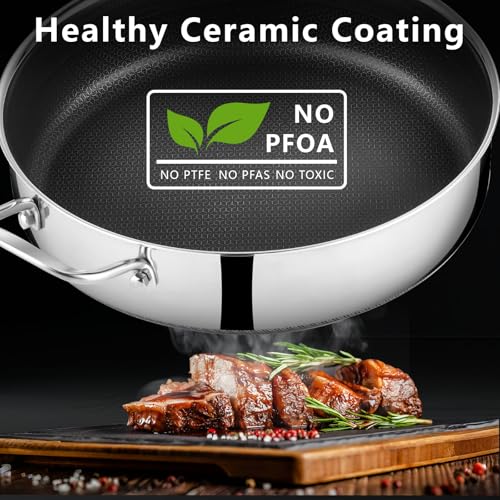 SAKAMOSH 12 Inch Frying Pan Nonstick with Lid, 5.6QT Hybrid Ceramic Deep Saute Pan & Skillet, Tri-Ply Stainless Steel for Even Heat, PFOA/PFOS Free, Induction & Oven Safe