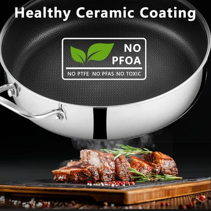 SAKAMOSH 12 Inch Frying Pan Nonstick with Lid, 5.6QT Hybrid Ceramic Deep Saute Pan & Skillet, Tri-Ply Stainless Steel for Even Heat, PFOA/PFOS Free, Induction & Oven Safe