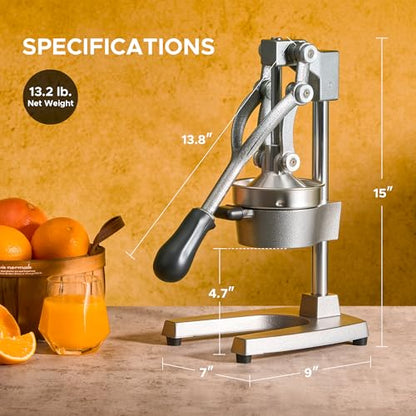CO-Z Manual Citrus Juicer, Commercial Grade Cast Iron Orange Juicer, Professional Heavy Duty Juice Press with Removable Strainer, Manual Juice Extractor for Orange Lemon Pomegranate Citrus, Gray