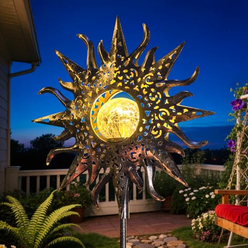 HOMEIMPRO Large Sun Solar Garden Decor Lights Outdoor Garden Gifts Mom Dad, Crackle Glass Metal Stake Backyard Decor, Waterproof LED Lights for Lawn Patio Ornaments, Mothers Day Gifts for Women