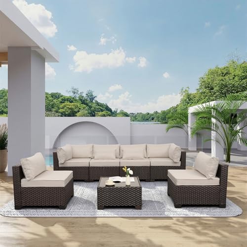 Rattaner 7 Pieces Wicker Patio Furniture Conversation Set Outdoor Sectional Sofa Glass Coffee Table with Non-Slip Cushions and Furniture Cover, Beige
