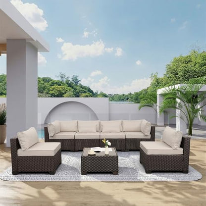 Rattaner 7 Pieces Wicker Patio Furniture Conversation Set Outdoor Sectional Sofa Glass Coffee Table with Non-Slip Cushions and Furniture Cover, Beige