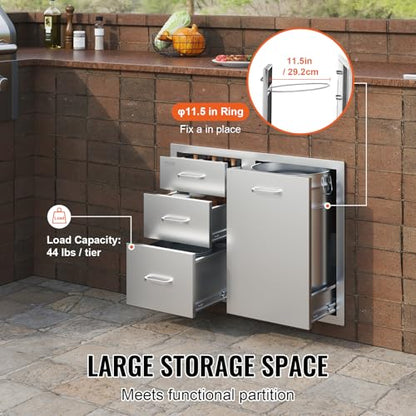 VEVOR Stainless Steel Cabinet, Outdoor Kitchen Door Drawer Combo 29.5" W x 22.6" H x 21.7" D, Access Door/Triple Drawers, Propane Drawer, Adjustable Garbage Ring, BBQ Island Patio Grill Station