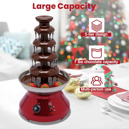 Chocolate Fountain Machine, 5 Tier Chocolate Fondue Fountain with Capability 7 lb Commercial Hot Chocolate Fondue Tower for Nacho Cheese Liqueurs Party Wedding 230W (Red)