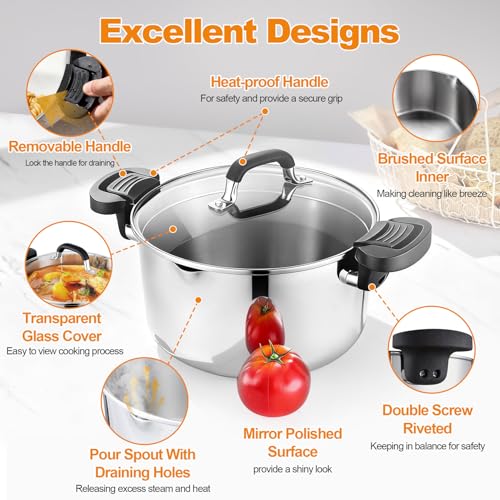 P&P CHEF Pasta Pot with Strainer Lid, 6 Quart Stainless Steel Stock Pot For Kitchen Cooking Boiling, Visible Glass lid & Heat-Proof Lockable Handles, Dishwasher Safe