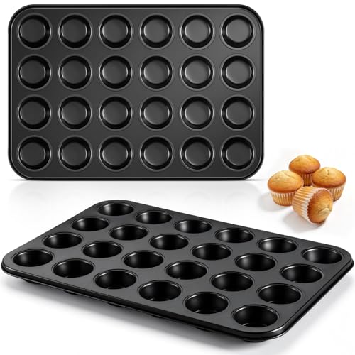 P&P CHEF 24-Cup Mini Muffin Pan Tin, Nonstick Carbon Steel Cupcake Pans, Versatile Bakeware Ideal for Mini Muffin Cupcake Egg Tart Pudding, Oven Safe & Even Bake, Healthy & Easy Clean, Black, 2Pcs