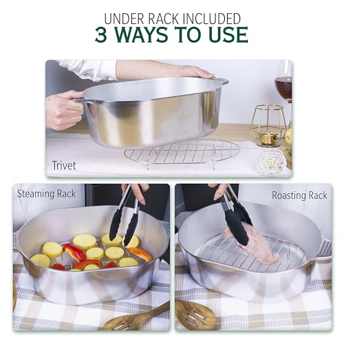 MAGNAWARE Cast Aluminum Oval Dutch Oven with Lid - 10 QT Heavy Duty & Lightweight Roaster Pan with Rack & Silicone Cover Dual Handles — Cajun Cookware for Roasting, Baking, Cooking (15" - Large)