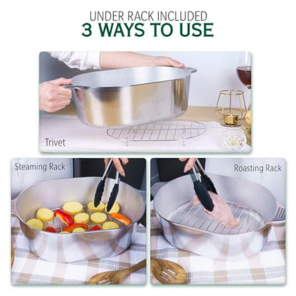 MAGNAWARE Cast Aluminum Oval Dutch Oven with Lid - 10 QT Heavy Duty & Lightweight Roaster Pan with Rack & Silicone Cover Dual Handles — Cajun Cookware for Roasting, Baking, Cooking (15" - Large)