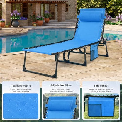 Foristrail 2 Pack Outdoor Folding Chaise Lounge 5-Position Adjustable Recliner 400LB Heavy Duty Portable Patio Camping Beach Chair, Blue