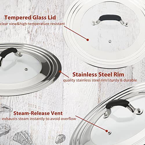 WishDirect 15 Inch Large Universal Pans Pots Lid Cover Fits 11/12/13/14/15" Frying Pans/Pots/Woks, Stainless Steel and Tempered Glass Lid with Vent Hole and Heat Resistant Handle