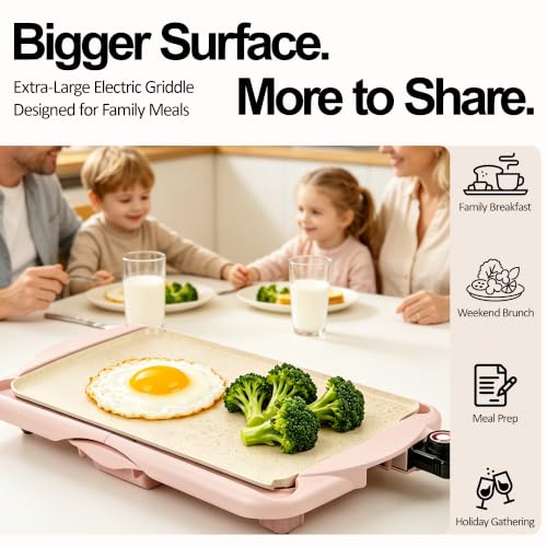 I-Keukenn 20" Pink Electric Griddle & Skillet with Ceramic Non-Stick Surface, 1400W Family-Sized Extra Large Baking Pan, Adjustable Temperature & Slide-Out Drip Tray