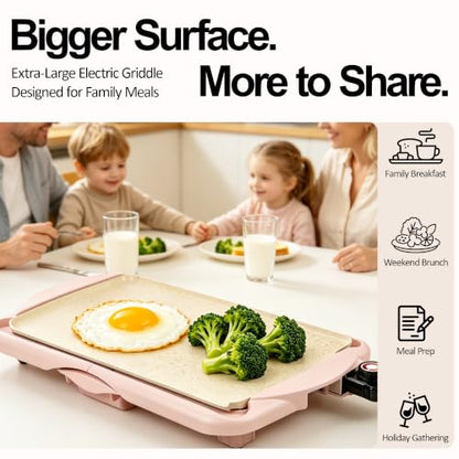 I-Keukenn 20" Pink Electric Griddle & Skillet with Ceramic Non-Stick Surface, 1400W Family-Sized Extra Large Baking Pan, Adjustable Temperature & Slide-Out Drip Tray