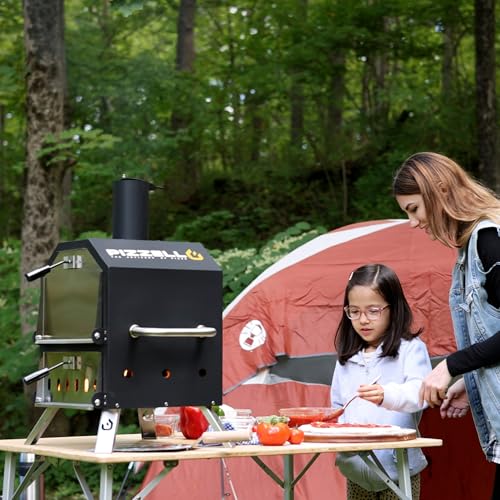 PIZZELLO Outdoor Wood Fired Pizza Maker 2-Layer with Pizza Stone, Peel & Rack - Waterproof Cover & Folding Legs for Camping, BBQ & Gifts (26 Inch)