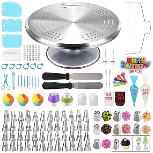 YOQXHY Cake Decorating Kit, 357 Pcs Baking Supplies Tools with Aluminium Cake Turntable, Leveler, 50 Icing Tips, 8 Russian+Ball Tips, 2 Spatulas, 3 Scrapers, 102 Pastry Bags, 109 Cupcake Liners & More
