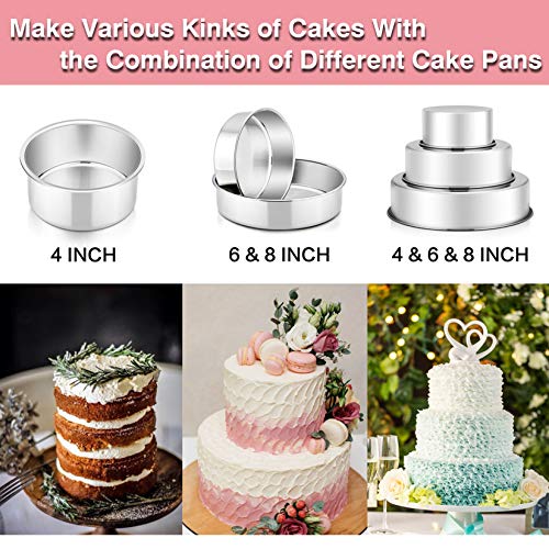 P&P CHEF Cake Pan Set of 3, 4" + 6" + 8" Round Baking Layer Tier Cake Pans Tins, Stainless Steel Bakeware for Birthday Weeding, Heavy Duty & Non Toxic, Mirror Finish & Dishwasher Safe