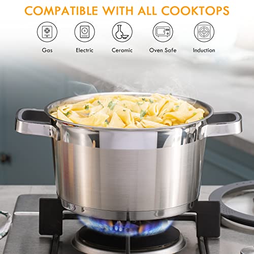 MARSKITOP 5 Quart Stock Pot with Lid, 18/8 Stainless Steel Pasta Pot with Strainer Lid, Heavy Duty Soup Pot with Anti-Hot Handle, Suitable for All Stovetops, Dishwasher Safe