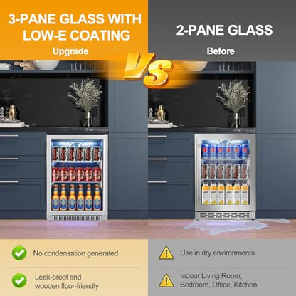 Advanics 20IN Beverage Refrigerator with Glass Door-120 Can Built in Under Counter Fridge & Freestanding,Ideal for Soda,Beer Drink Cooler