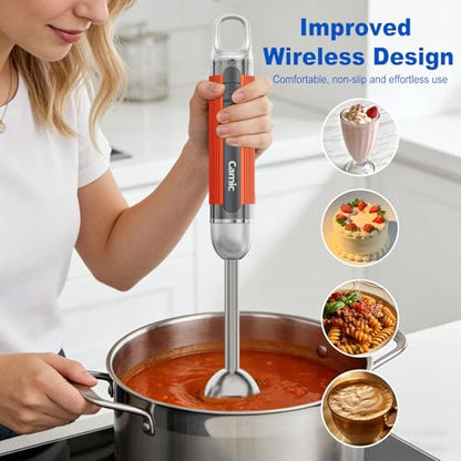 Cordless Immersion Hand Blender with Charging, 4 in 1 Handheld Blenders Set, 6-Speed Turbo, Wall-Mountable Design, Includes Chopper, Whisk & Frother for Soup, Baby Food & Smoothies (Orange)
