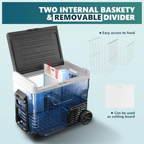 EUHOMY 12 Volt Refrigerator, 53QT(50L) Electric Cooler, Portable Freezer 12V/24V DC 100-240V AC, 12V Fridge -4℉~68℉, 12V Cooler with Wheels & 2 Baskets for Travel,Camping,Truck,Boat