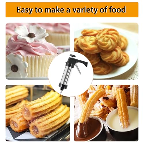 Stainless Steel Spritz Cookie Press Gun Kit, with Piping Bag, 8 Piping Nozzles, 13 Cookie Discs and Cleaning Brush, 3-in-1 Multifunctional Cookie Press