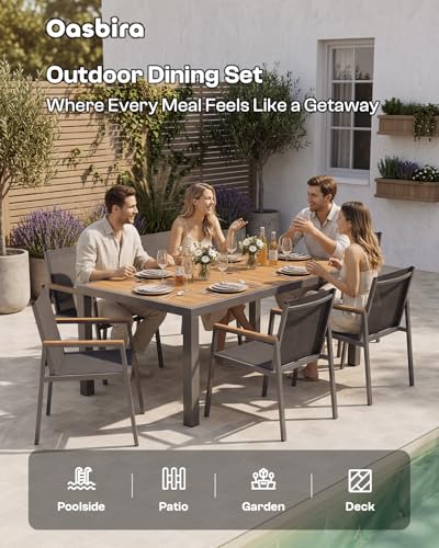 Oasbira Outdoor Dining Set, 7 Piece Aluminum Patio Table and Chairs Set, All Weather Patio Dining Furniture Set with Umbrella Hole for Backyard, Deck, Poolside (Gray-Teak)