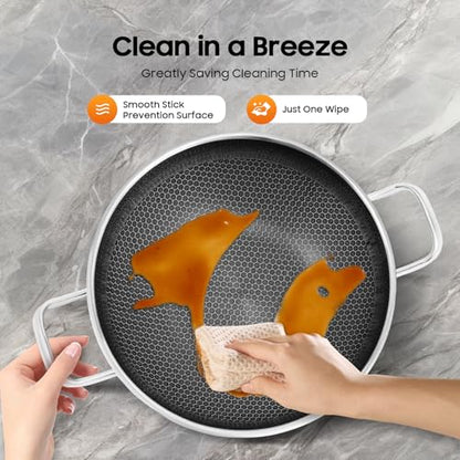 WINNIESHOP Hybrid Frying Pans Nonstick Paella Pan with Lid 14 Inch Stainless Steel Deep Skillet Large Frying Pan Big Pan for Cooking, Suitable for All Cooktops Including Induction (12.59 Inch)
