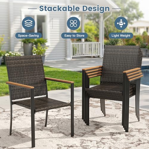 DIFY 11 Piece Patio Dining Set, Metal Outdoor Table and Chairs Set for 10, 60" Round Walnut Dining Table with Umbrella Hole & Wicker Stackable Patio Chairs, Patio Furniture Set for Garden Backyard