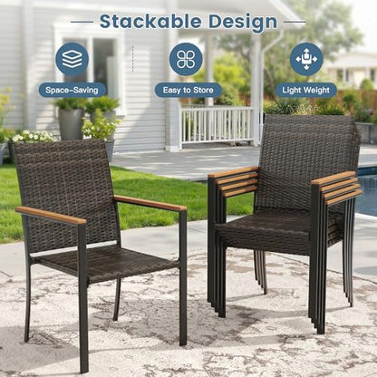 DIFY 11 Piece Patio Dining Set, Metal Outdoor Table and Chairs Set for 10, 60" Round Walnut Dining Table with Umbrella Hole & Wicker Stackable Patio Chairs, Patio Furniture Set for Garden Backyard