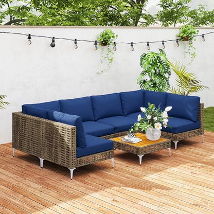 Outsunny 7 Piece Wicker Patio Furniture Set, Modular Outdoor Sectional with Thickened Cushions, Rattan Outdoor Furniture Conversation Set with Slatted Acacia Wood Table for Backyard, Brown/Dark Blue