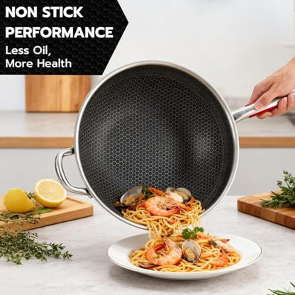 lake tian Wok pan, PFOA Free Cookware 14-Inch Wok, stick Stainless Steel Woks & Stir-fry pans Nonstick, for All Cooktops, Uncoated Craft Pot Healthy Cooking Pot