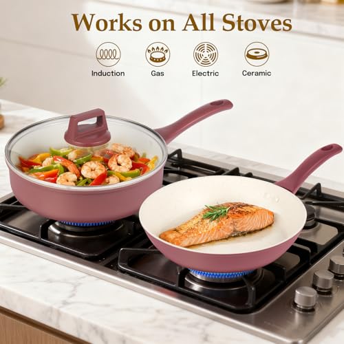 M MELENTA Pots and Pans Set Non Stick, 11-Piece Nonstick Induction Cookware Set, Non-Toxic Kitchen Cooking Set with Frying Pans, Saucepan, Stock Pot, PFOA Free, Red Brown