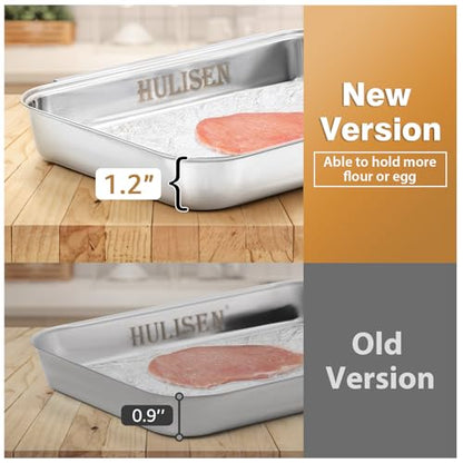 HULISEN Set of 3 Breading Pans, Stainless Steel Breading Set for Marinating Meat, Chicken, Fish, Food Prep Trays, Coating Trays Can Be Used to Baking Cake, Oven Safe