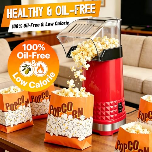 Hot Air Popcorn Popper, 1200W ETL Certified Oil-Free Popcorn Maker, 4.5 Quart Large Capacity Electric Popcorn Machine, 2-Minute Fast Snack Maker for Movie Night Party (Red)