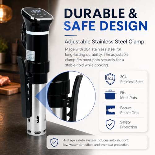 Sous Vide Cooker 1100W – Precision Immersion Circulator with ±0.2°F Accuracy, Quiet Brushless Motor, Adjustable Clamp, 4–20L Capacity, Stainless Steel, Built-In Timer, Easy Digital Control