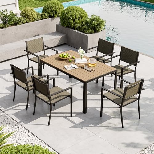 Aoxun 7-Piece Patio Table and Chairs Set for 6, All Weather Outdoor Dining Set with 6 Textilene Chairs and 1 Rectangular Metal Table, Patio Dining Sets for Backyard, Garden and Poolside, Brown
