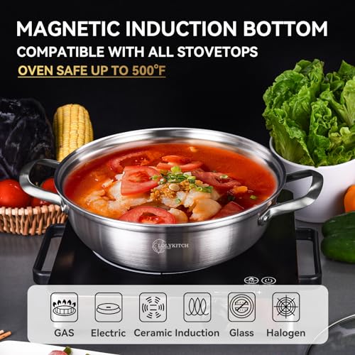 LOLYKITCH 12 Inch Tri-Ply Stainless Steel Sauté Pan with Lid,4 QT Hot Pot, Everyday Pan,Kadhai,Induction Cooking Pan,Jumbo Cooker,Dishwasher and Oven Safe.