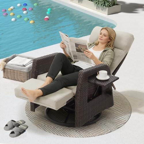 Mvpipi Adjustable Outdoor Recliner Chair with Independent Backrest & Footrest, Patio Swivel Recliner Chair, Wicker Reclining Patio Chair w/Flip-Up Table, Air Pump 155° Lay Flat Chaise Lounge, Beige