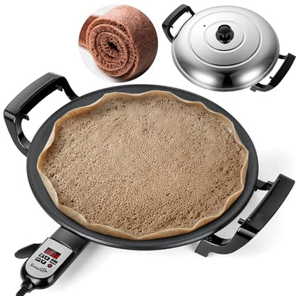 Ethiopian 18.5" Injera Maker Mitad (Mogogo), Electric Griddle with Adjustable Temperature & Time, Non-Stick Surface for Norwegian Lefse, Swedish Pancake, Indian Dosa, Digital Handle