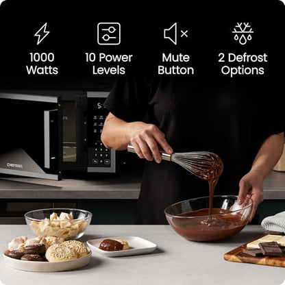 Chefman Countertop Microwave Oven 1.1 Cu. Ft., 1000 Watts with 10 Power Levels, 3 Cooking Presets with One-Touch Express Cook, 2 Defrost Settings, Child Safety Lock, & Mute Button – Stainless Steel
