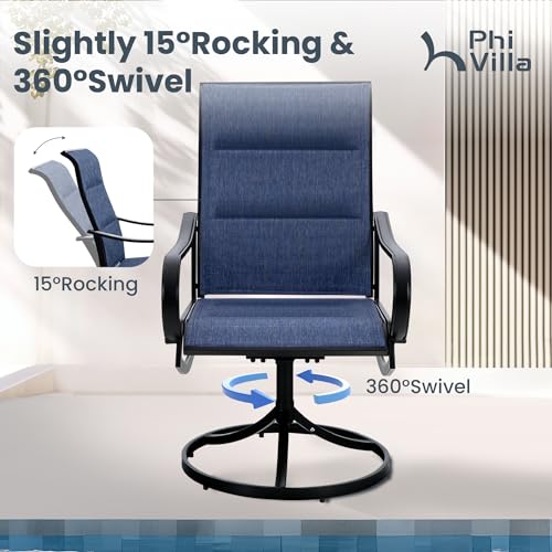 PHI VILLA 5 Piece Outdoor Patio Dining Set with 4 Padded Swivel Dining Chairs & 1 Large Round Dining Table, All Weather Blue Chair and Metal Table for Deck Lawn Garden