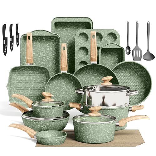 Kitchen Academy Pots and Pans Set Nonstick, 30 Pieces Induction Kitchen Cookware and Bakeware Sets, Green Granite Coating Cooking Pans Set
