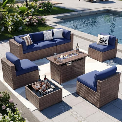 Aoxun Patio Furniture Sets, 8-Piece Outdoor Patio Furniture with 44'' Propane Gas Firepit Table, Wicker Outdoor Conversation Set Sectional Sofa for Backyard, Poolside, Garden