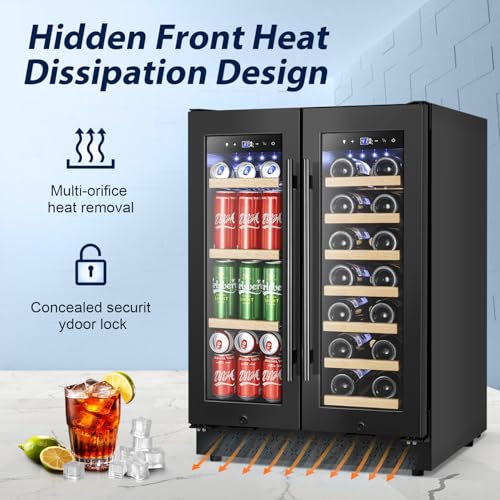 Tylza 24 Inch Wine and Beverage Refrigerator, Dual Zone Wine Beverage Cooler 24" with French Door, Under Counter Wine Beer Fridge Built-In or Freestanding, Holds 20 Bottles and 88 Cans, Black